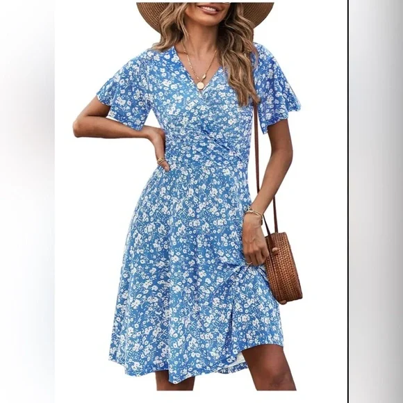 Fensace Blue Floral Sundress Midi V-neck wrap Dress - Picture 1 of 9